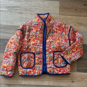 Free People Inspired Floral Quilted Jacket in Red with Navy Trim